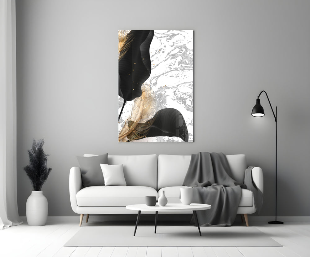Marble Feathers glass wall art styled above a console in a foyer