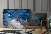 Sapphire Stone artwork anchoring a wall with coastal serene palette