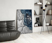 Navy Marble glass print enhancing a hallway with cinematic drama