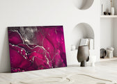 Fuchsia Smoke glass wall art styled above a bed in a master bedroom