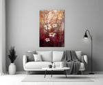 Crimson Daisies glass wall art styled above a sideboard in a hallway