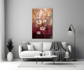 Crimson Daisies glass wall art styled above a sideboard in a hallway