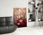 Crimson Daisies glass print enhancing a master bedroom with romantic drama