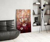 Crimson Daisies glass print enhancing a master bedroom with romantic drama
