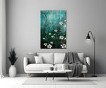 Emerald Daisies glass wall art styled above a bath in a bathroom
