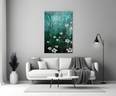 Emerald Daisies glass wall art styled above a bath in a bathroom
