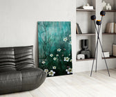 Emerald Daisies glass print enhancing a hallway with editorial drama