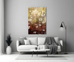 Amber Daisies glass wall art styled above a bed in a master bedroom