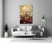 Amber Daisies glass wall art styled above a bed in a master bedroom