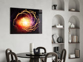 Galaxy Spiral glass print enhancing a teen room with cinematic drama