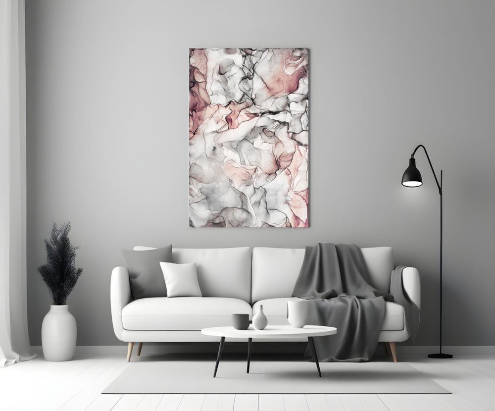 Ivory Veins glass wall art styled above a bed in a master bedroom