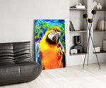 Macaw Bloom glass print enhancing a dining room with cinematic drama