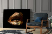 Gold Lips artwork anchoring a wall with moody fashion palette