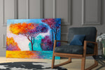 Autumn Pines artwork anchoring a wall with cheerful autumnal palette