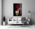 Crimson Rose glass wall art styled above a bed in a master bedroom