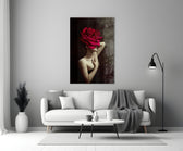 Crimson Rose glass wall art styled above a bed in a master bedroom