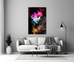 Veiled Mind glass wall art styled above a credenza in a creative office