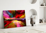 Dream Horizon glass wall art styled above a credenza in a living room