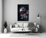 Severed Poseidon glass wall art styled above a desk in a man's office