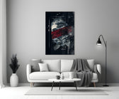 Severed Poseidon glass wall art styled above a desk in a man's office