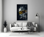 Gilded Poseidon glass wall art styled above a desk in a man's office