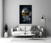 Gilded Poseidon glass wall art styled above a desk in a man's office