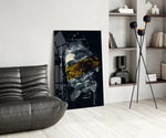 Gilded Poseidon glass print enhancing a foyer with cinematic drama