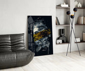 Gilded Poseidon glass print enhancing a foyer with cinematic drama