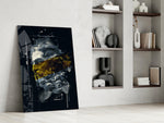Gilded Poseidon artwork anchoring a wall with moody mythic palette
