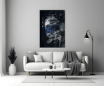 Cobalt Poseidon glass wall art styled above a desk in a study