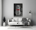 Bow-Tie Kitten glass wall art styled above a console in a kids room