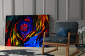 Cobalt Vortex artwork anchoring a wall with bold expressionist palette