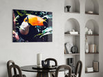 Toco Toucan glass print enhancing a dining room with cinematic drama