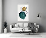 Teal Stack glass wall art styled above a credenza in a bathroom