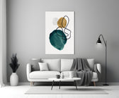 Teal Stack glass wall art styled above a credenza in a bathroom