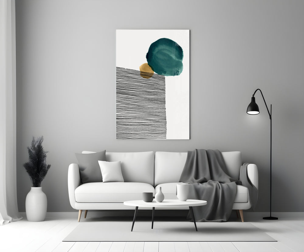 Lined Teal glass wall art styled above a credenza in a bedroom