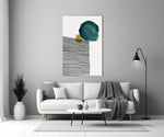 Lined Teal glass wall art styled above a credenza in a bedroom