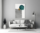 Lined Teal glass wall art styled above a credenza in a bedroom