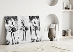 Ballet Triptych glass wall art styled above a sofa in a bedroom