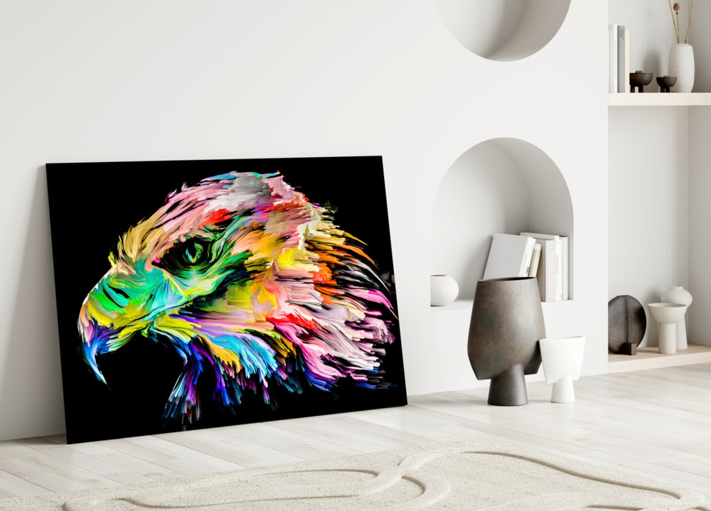 Vivid Eagle glass wall art styled above a sofa in a man's office