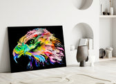 Vivid Eagle glass wall art styled above a sofa in a man's office