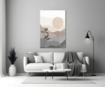 Nordic Hills glass wall art styled above a credenza in a master bedroom