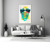 Tribal Mask glass wall art styled above a console in a creative office