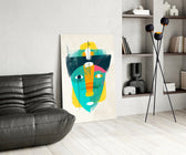 Tribal Mask glass print enhancing a hallway with cinematic drama