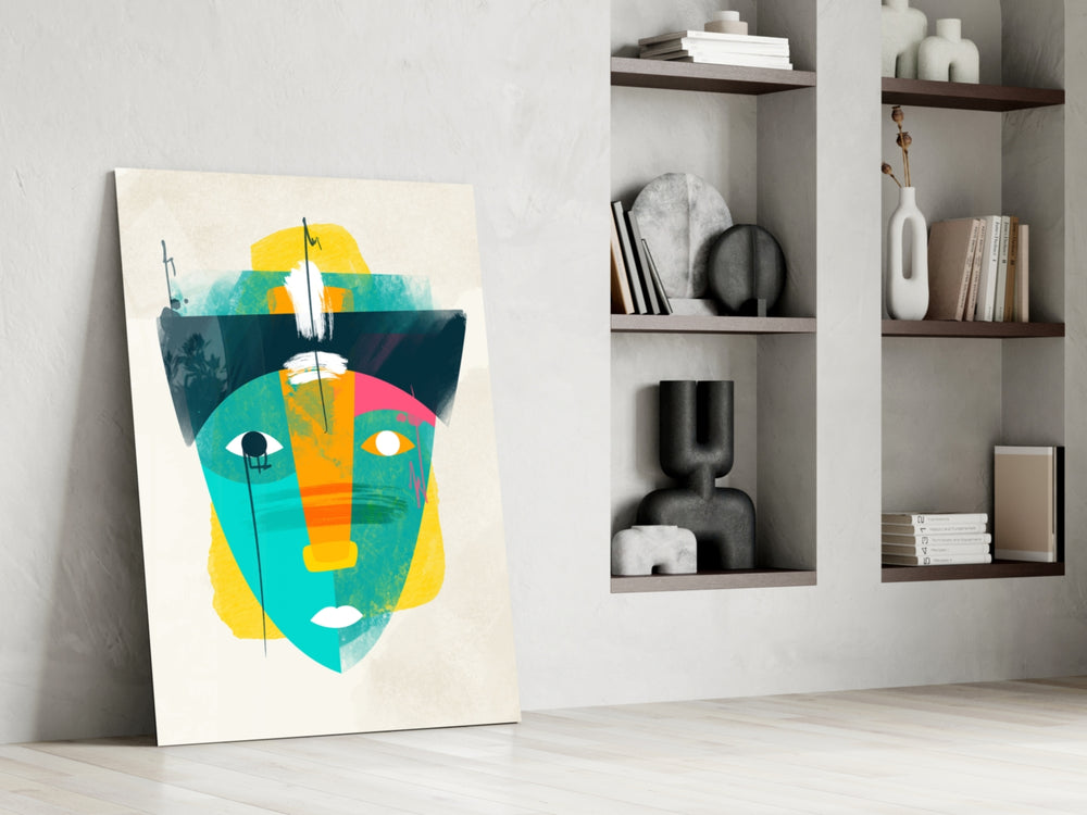 Tribal Mask artwork anchoring a wall with bold modernist palette