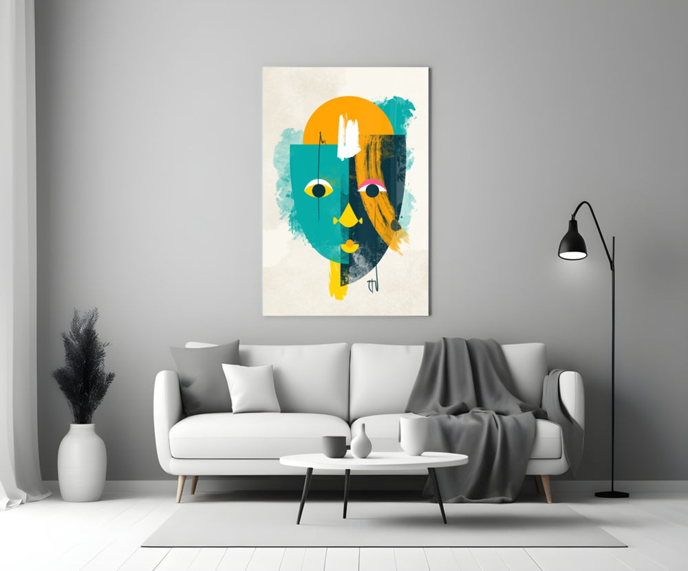 Amber Face glass wall art styled above a credenza in a creative office
