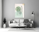 Sage Leaves glass wall art styled above a console in a bathroom