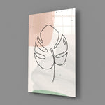 Line Monstera close-up showing line-drawn leaf over peach and sage washes