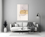 Mustard Line Portrait glass wall art styled above a bed in a master bedroom
