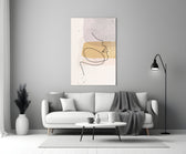 Mustard Line Portrait glass wall art styled above a bed in a master bedroom